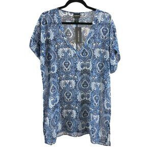 Cover2Cover Womens Swim Cover Up Sheer Paisley V Neck Oversized Blue Size S